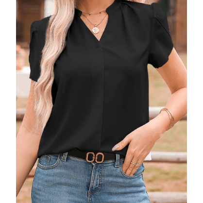 Leona Black Silky Notched Neckline Petal Sleeve Blouse