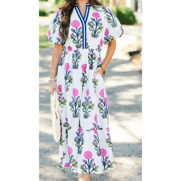 Bethan White Floral Puff Short Sleeve V Neck High Waist Maxi Dress