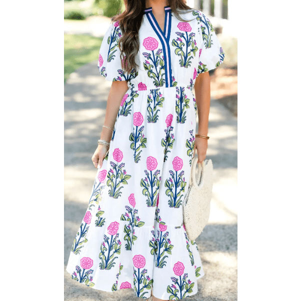 Bethan White Floral Puff Short Sleeve V Neck High Waist Maxi Dress