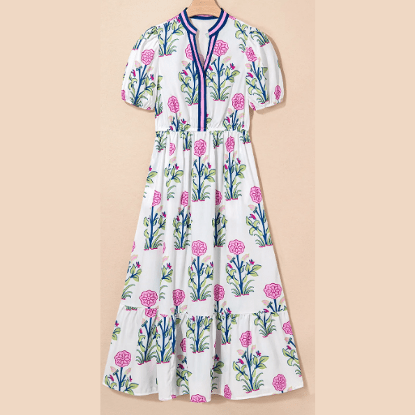 Bethan White Floral Puff Short Sleeve V Neck High Waist Maxi Dress