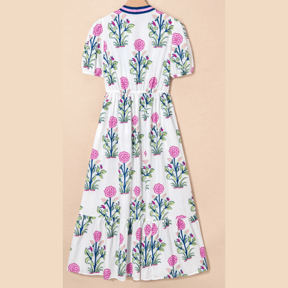 Bethan White Floral Puff Short Sleeve V Neck High Waist Maxi Dress