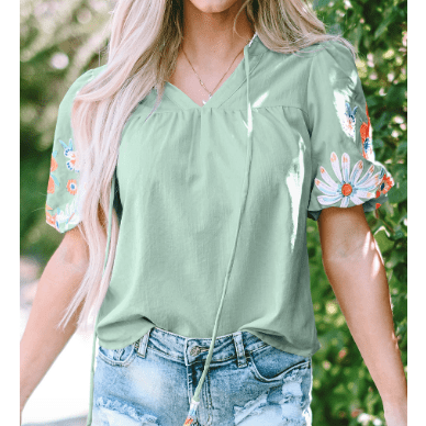 LuAnn Green Floral Embroidered Puff Sleeve Split Neck Blouse