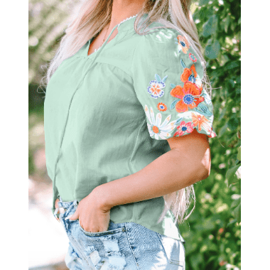 LuAnn Green Floral Embroidered Puff Sleeve Split Neck Blouse