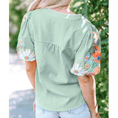 LuAnn Green Floral Embroidered Puff Sleeve Split Neck Blouse