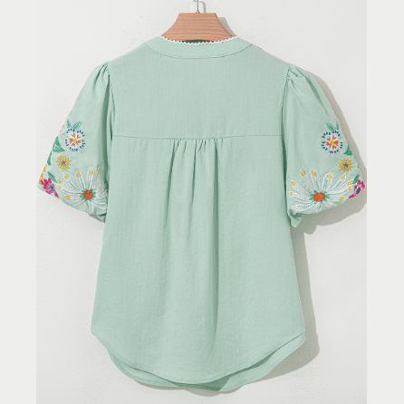 LuAnn Green Floral Embroidered Puff Sleeve Split Neck Blouse