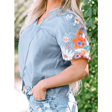 LuAnn Blue Floral Embroidered Puff Sleeve Split Neck Blouse