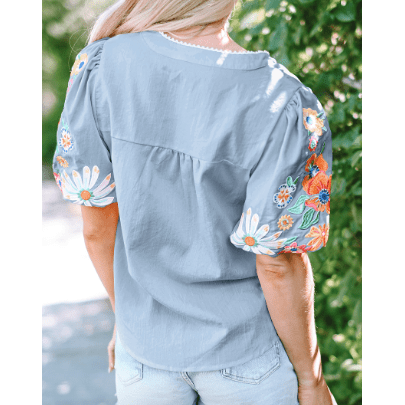 LuAnn Blue Floral Embroidered Puff Sleeve Split Neck Blouse
