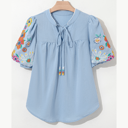 LuAnn Blue Floral Embroidered Puff Sleeve Split Neck Blouse