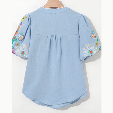 LuAnn Blue Floral Embroidered Puff Sleeve Split Neck Blouse