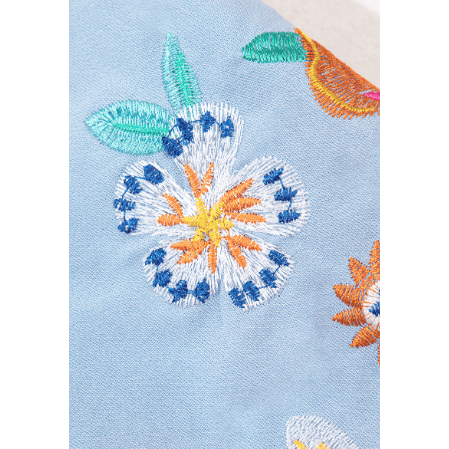 LuAnn Blue Floral Embroidered Puff Sleeve Split Neck Blouse