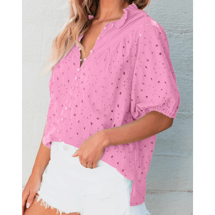 Jocelyn Pink Flower Embroidered Hollow-out Puff Sleeve Blouse
