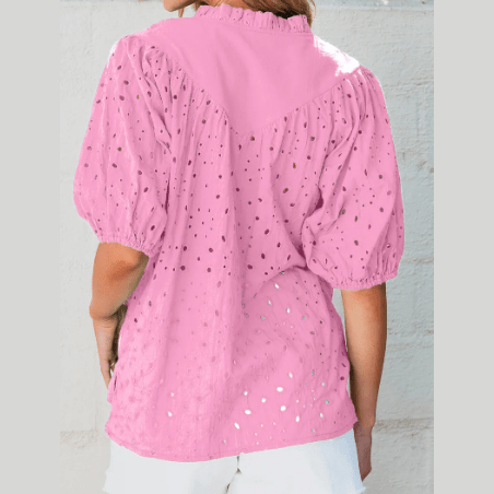 Jocelyn Pink Flower Embroidered Hollow-out Puff Sleeve Blouse
