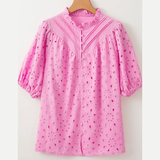 Jocelyn Pink Flower Embroidered Hollow-out Puff Sleeve Blouse