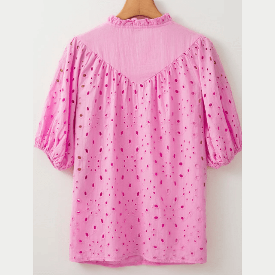 Jocelyn Pink Flower Embroidered Hollow-out Puff Sleeve Blouse