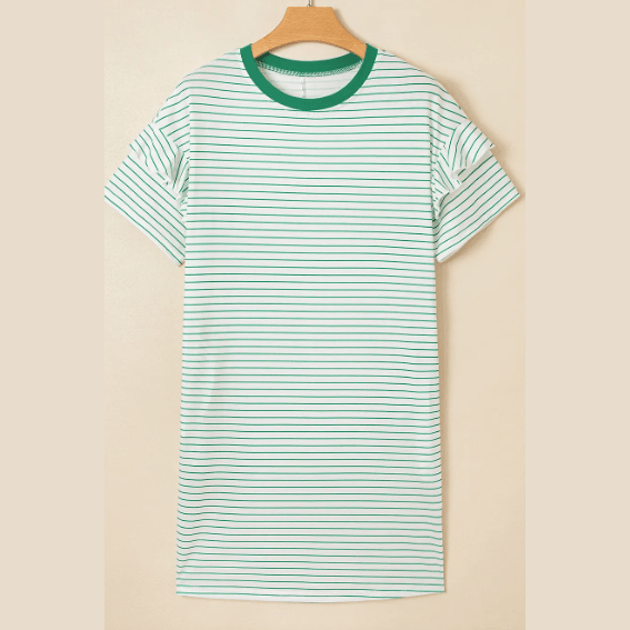 Zoella Green Stripe Ruffled Short Sleeve Crew Neck T Shirt Shift Mini Dress