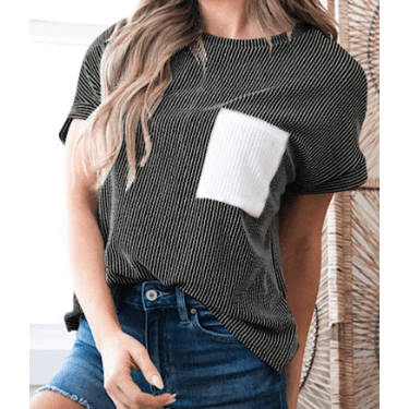 Noelle Carbon Grey Corded Knit Color Block Pocketed Crew Neck T Shirt