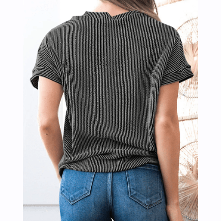 Noelle Carbon Grey Corded Knit Color Block Pocketed Crew Neck T Shirt