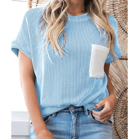 Noelle Light Blue Corded Knit Color Block Pocketed Crew Neck T Shirt