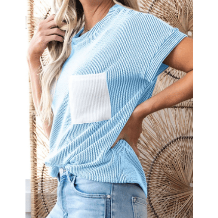 Noelle Light Blue Corded Knit Color Block Pocketed Crew Neck T Shirt