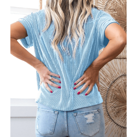 Noelle Light Blue Corded Knit Color Block Pocketed Crew Neck T Shirt