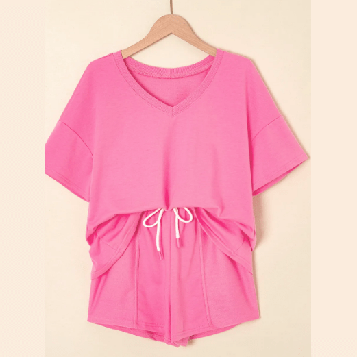 Penni Bonbon Pink V Neck Drop Shoulder Tee and Patchwork Drawstring Shorts Set