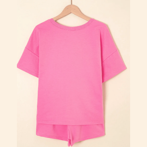 Penni Bonbon Pink V Neck Drop Shoulder Tee and Patchwork Drawstring Shorts Set