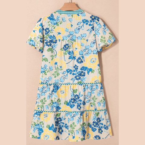 Macee Blue Floral Striped Trim Puff Short Sleeve Dress