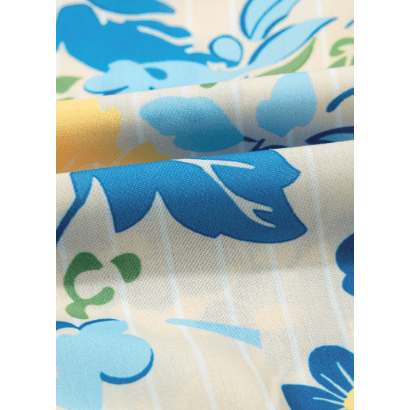 Macee Blue Floral Striped Trim Puff Short Sleeve Dress