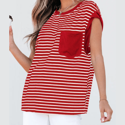 Stassie Red Stripe Chest Pocket Patch Round Neck Tank Top