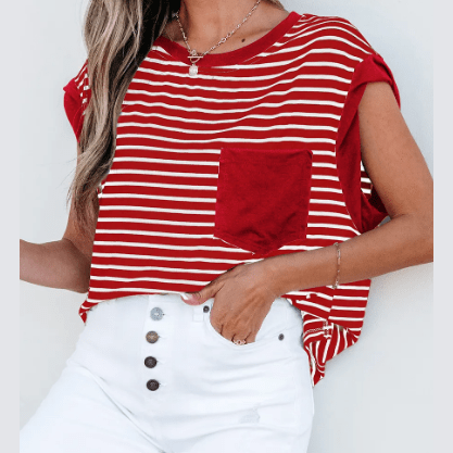 Stassie Red Stripe Chest Pocket Patch Round Neck Tank Top