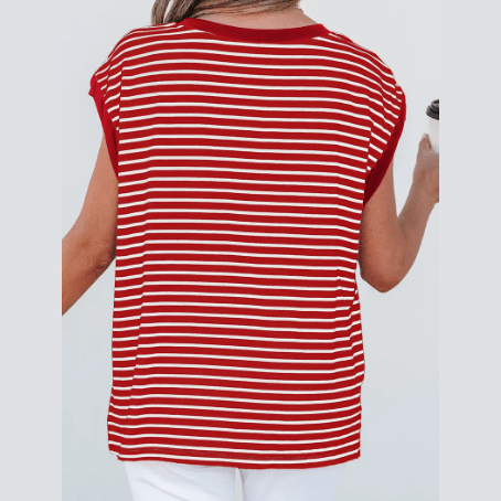 Stassie Red Stripe Chest Pocket Patch Round Neck Tank Top