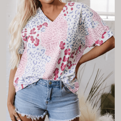 Giorgia Pink Mixed Leopard Print V Neck Short Sleeve Blouse
