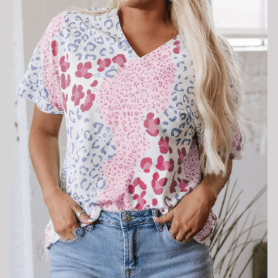 Giorgia Pink Mixed Leopard Print V Neck Short Sleeve Blouse
