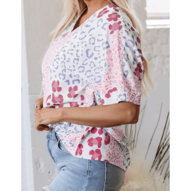 Giorgia Pink Mixed Leopard Print V Neck Short Sleeve Blouse