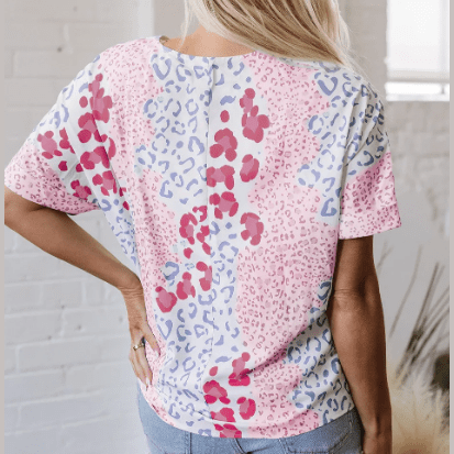Giorgia Pink Mixed Leopard Print V Neck Short Sleeve Blouse
