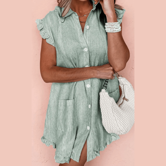 Clarabelle Green Stripe Frilled Sleeveless Collar Front Pocket Button Up Mini Dress