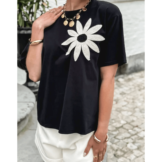 Perla Black Contrast Crochet Floral Graphic Drop Shoulder Loose Tee