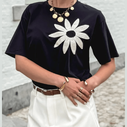 Perla Black Contrast Crochet Floral Graphic Drop Shoulder Loose Tee