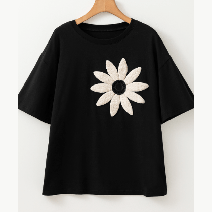 Perla Black Contrast Crochet Floral Graphic Drop Shoulder Loose Tee