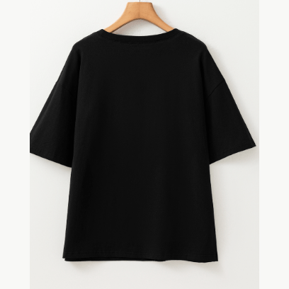 Perla Black Contrast Crochet Floral Graphic Drop Shoulder Loose Tee