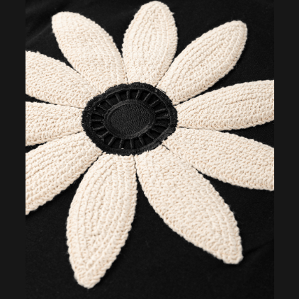 Perla Black Contrast Crochet Floral Graphic Drop Shoulder Loose Tee