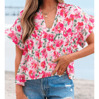 Camilla Pink Floral Boxy Fit Ruffled Short Sleeve V Neck Blouse