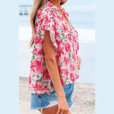Camilla Pink Floral Boxy Fit Ruffled Short Sleeve V Neck Blouse