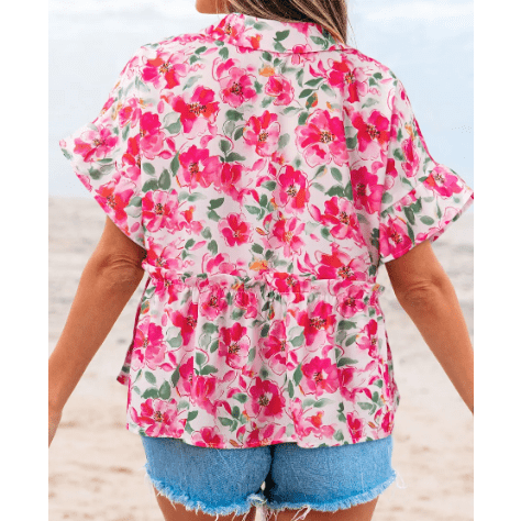 Camilla Pink Floral Boxy Fit Ruffled Short Sleeve V Neck Blouse