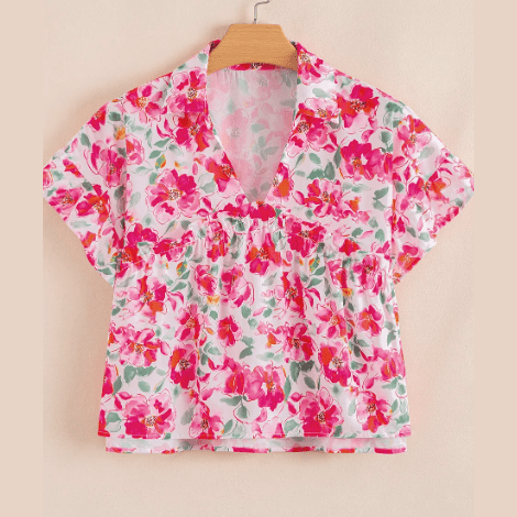 Camilla Pink Floral Boxy Fit Ruffled Short Sleeve V Neck Blouse
