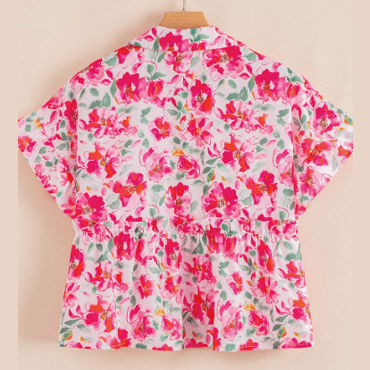Camilla Pink Floral Boxy Fit Ruffled Short Sleeve V Neck Blouse