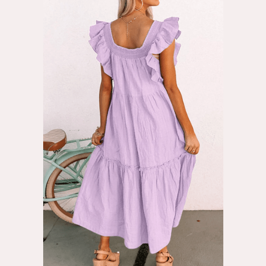 Sarah Purple Ruffled Flutter Sleeve Square Neck Textured Tiered Maxi Dress