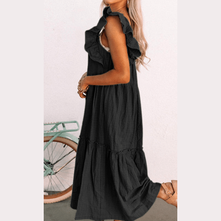 Sarah Black Ruffled Flutter Sleeve Square Neck Textured Tiered Maxi Dress