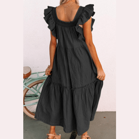 Sarah Black Ruffled Flutter Sleeve Square Neck Textured Tiered Maxi Dress