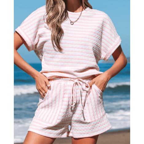 Kitzi Pink Stripe Knitted Short Sleeve Top and Drawstring Shorts Set
